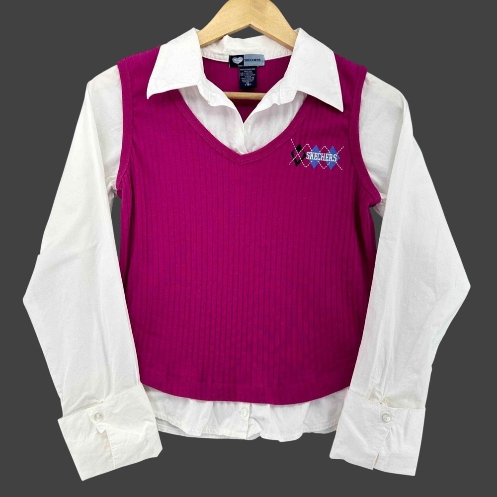VTG Skechers Girls XL 16 Magenta Ribbed Sweater Vest White Layered Shirt Argyle